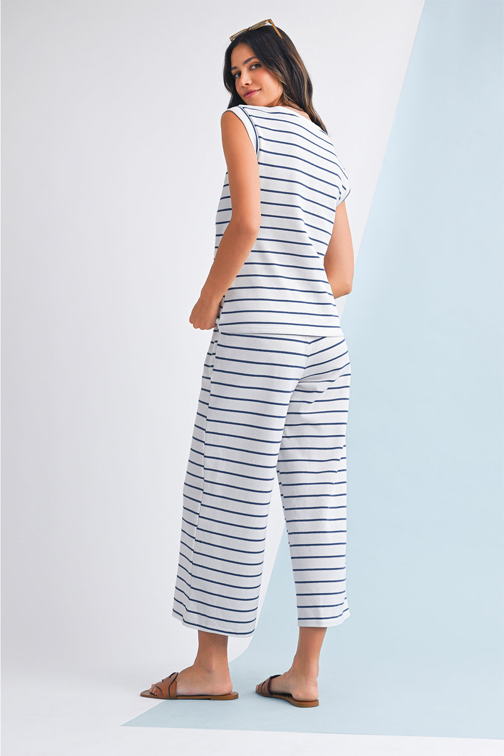 Sail Blue Casual Striped Tee and Wide Leg Pants Set - The Fair Lady Shop