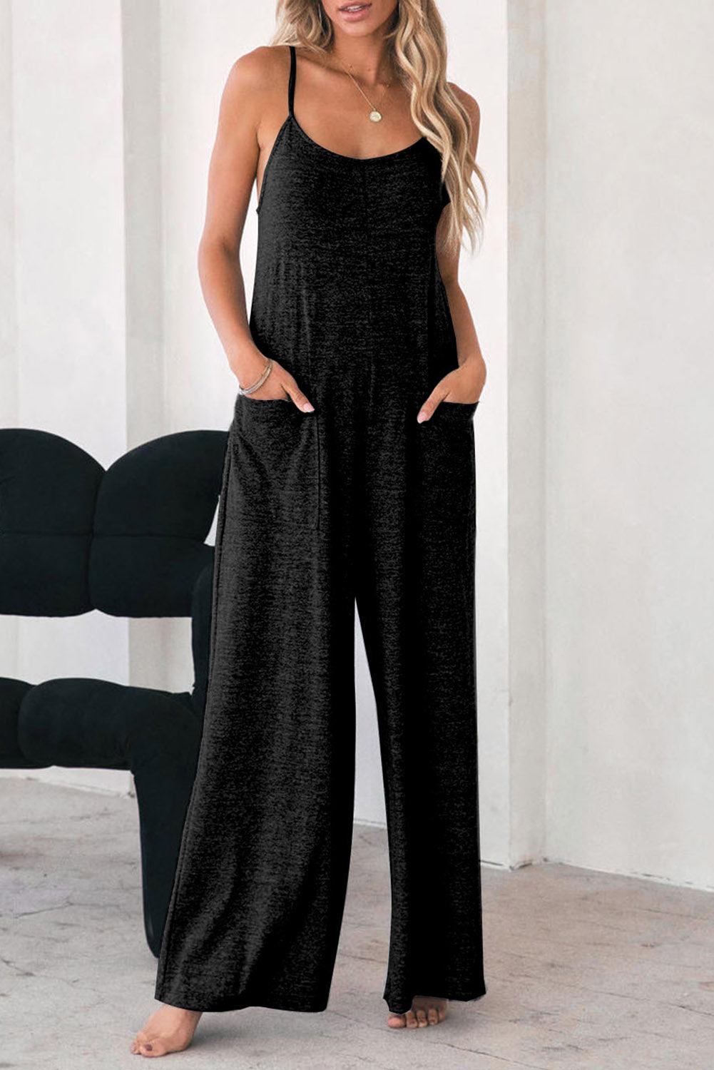 Black Loose Fit Side Pockets Spaghetti Strap Wide Leg Jumpsuit - The Fair Lady Shop