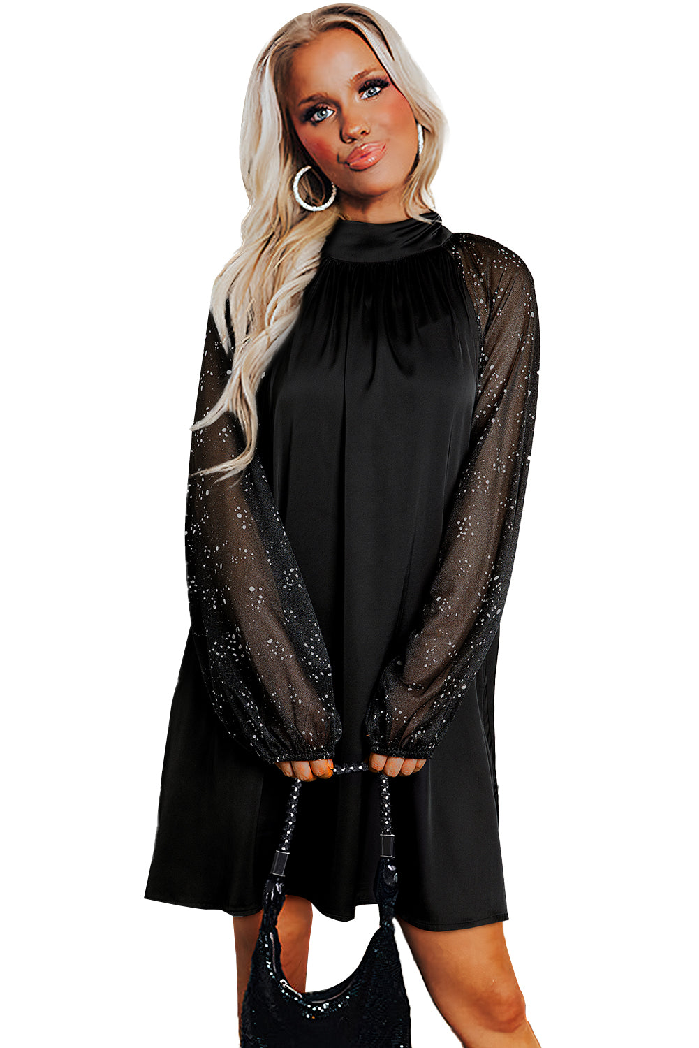 Black Rhinestone Mesh Sleeve Patchwork Mock Neck Mini Dress - The Fair Lady Shop
