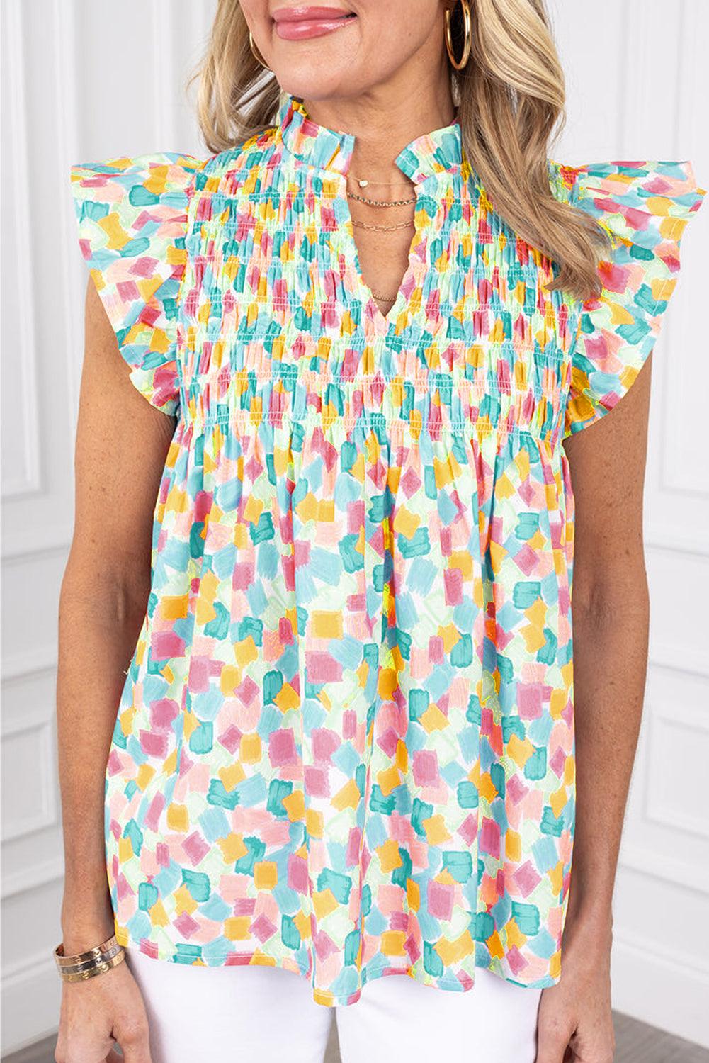 Pink Shirred Yoke Ruffle Abstract Blouse - The Fair Lady Shop