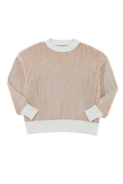 Chestnut Striped Contrast Trim Loose Sweater - The Fair Lady Shop