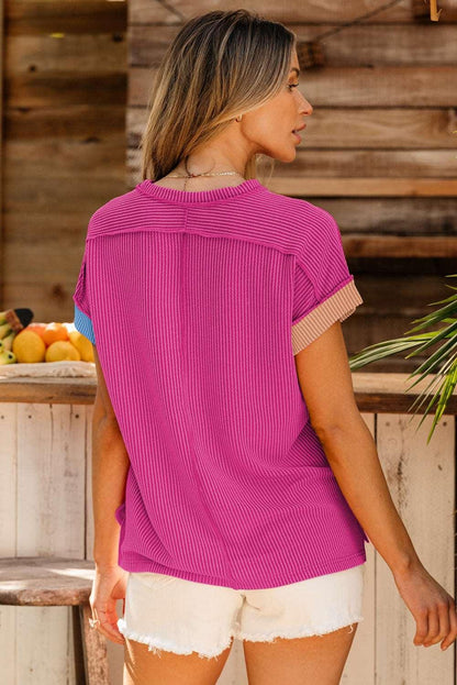 Apricot Pink Colorblock Ribbed Round Neck T Shirt - The Fair Lady Shop