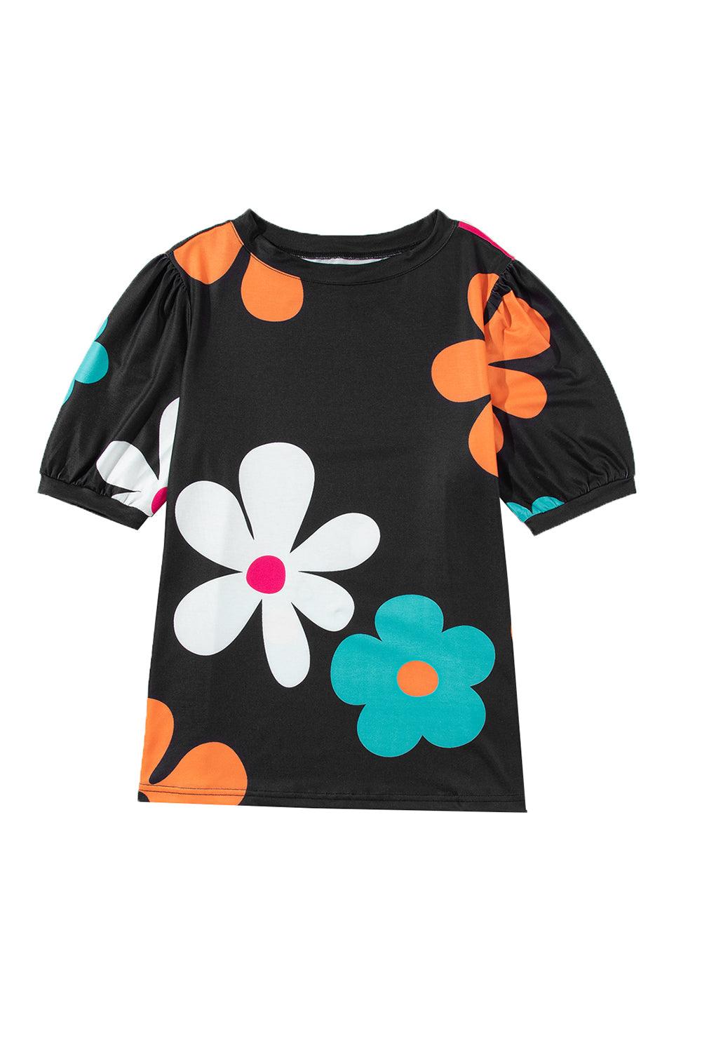 Apricot Colorful Flower Print Bubble Sleeve Tee - The Fair Lady Shop