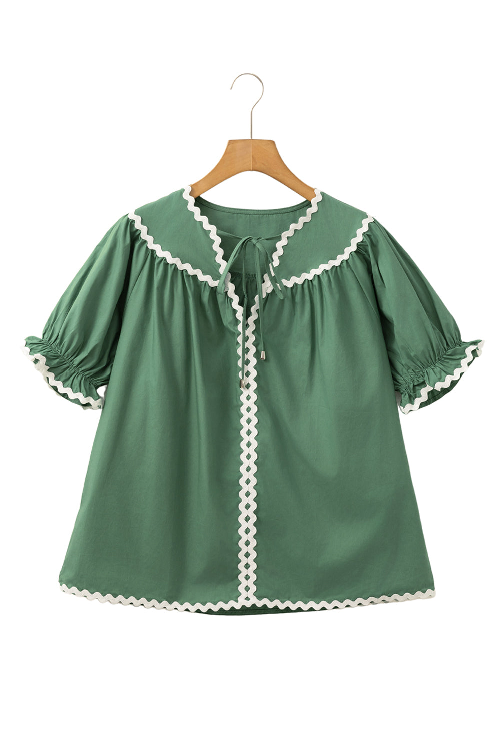 Mist Green V Neck Tie Detail Ricrac Blouse - The Fair Lady Shop