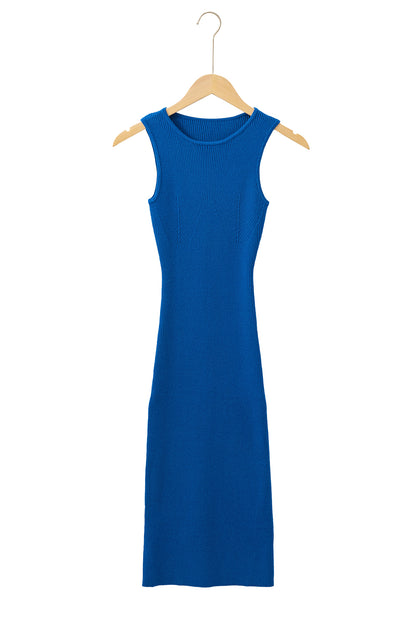 Dark Blue Solid Ribbed Knit Sheath Sleeveless Midi Sweater Dress - The Fair Lady Shop