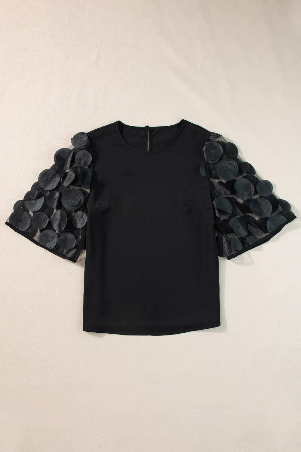 Black Applique Mesh Keyhole Back Splicing Sleeve Blouse - The Fair Lady Shop