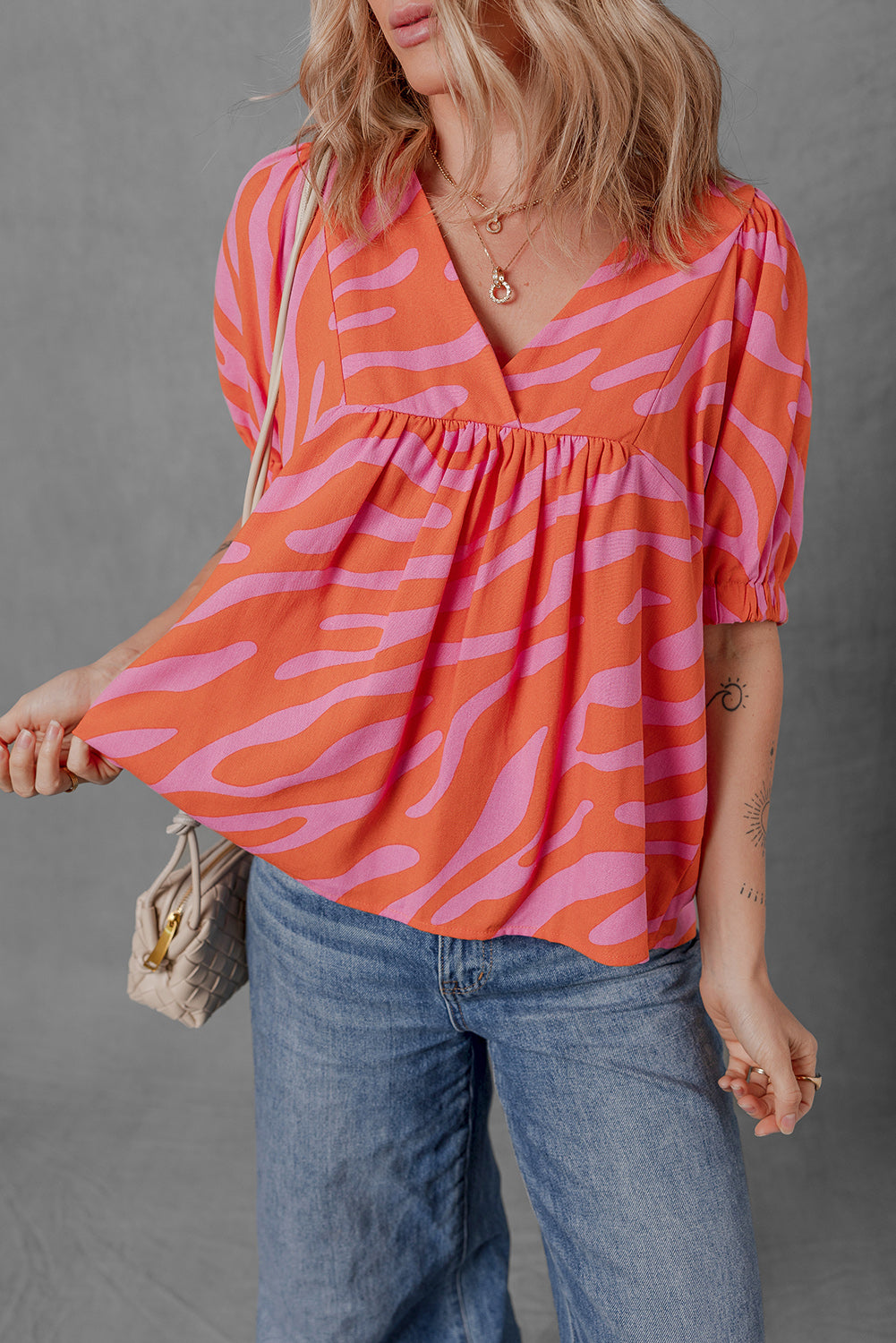 Orange Zebra Stripe Print Ruched Cuff Half Sleeve V Neck Blouse - The Fair Lady Shop
