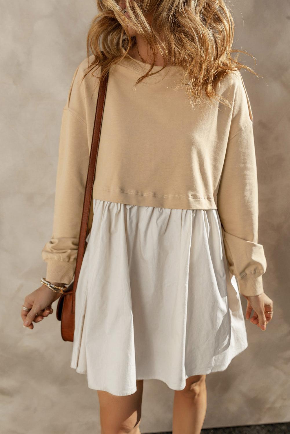Khaki Sweatshirt Colorblock Flowy Pleated Mini Dress - The Fair Lady Shop