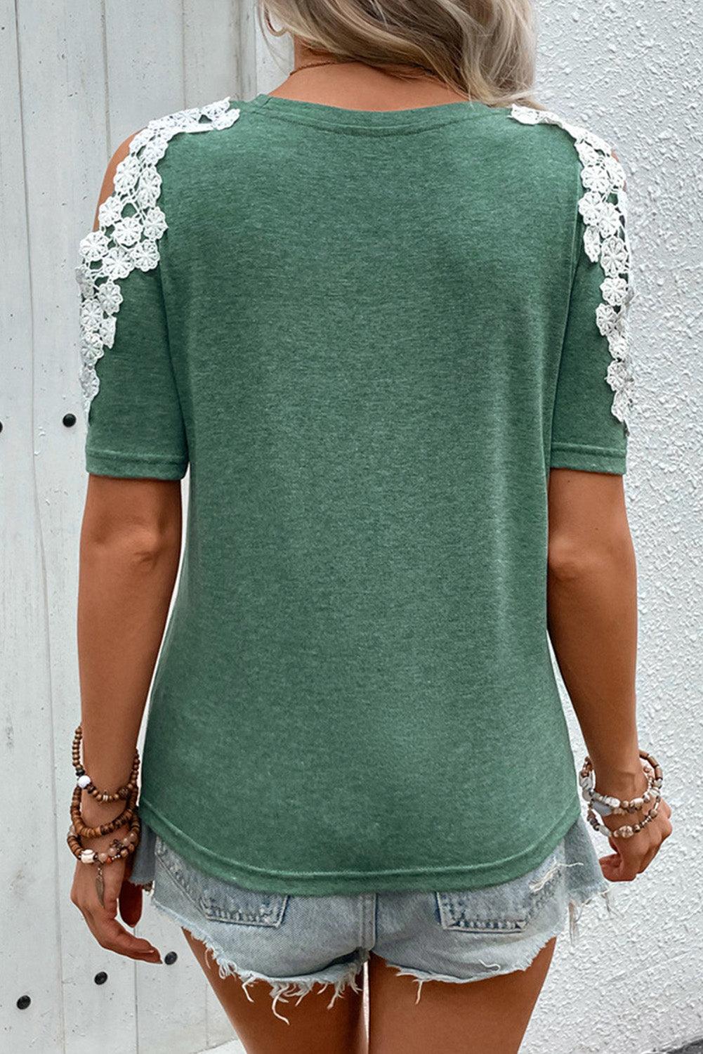 Green Lace Applique Cold Shoulder Ruched T-shirt - The Fair Lady Shop