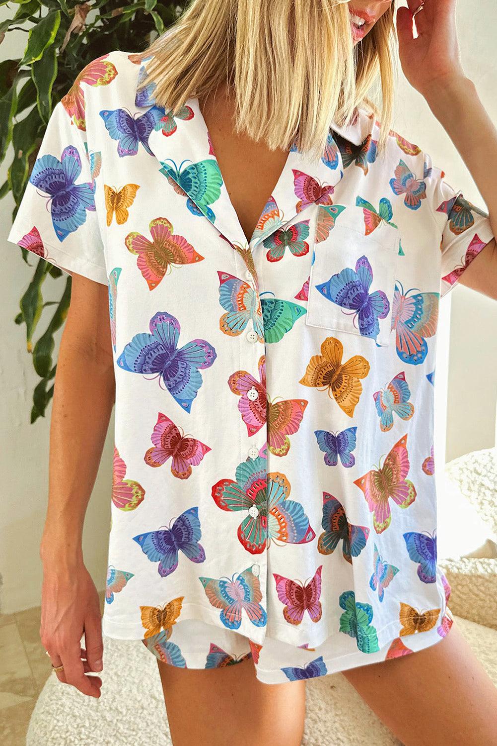 Multicolour Butterfly Print Button-up Shirt & Shorts Pajama Set - The Fair Lady Shop