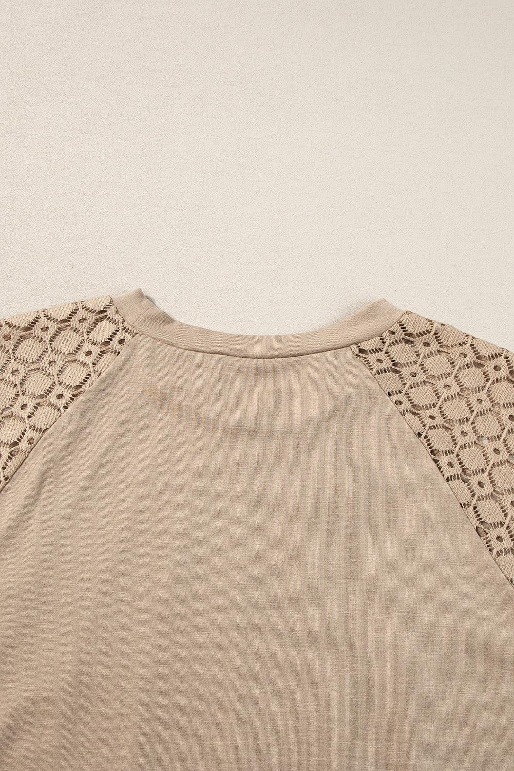Pale Khaki Seamed Detail Contrast Lace Raglan Sleeve Tee - The Fair Lady Shop