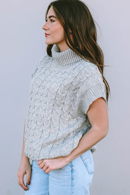 Medium Grey Cable Knit Turtleneck Short Dolman Sleeve Sweater - The Fair Lady Shop