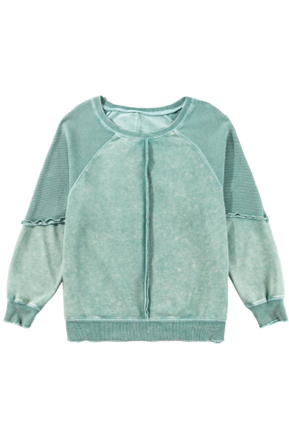 Mineral Blue Waffle Patchwork Raglan Sleeve Exposed Seam Sweatshirt - The Fair Lady Shop
