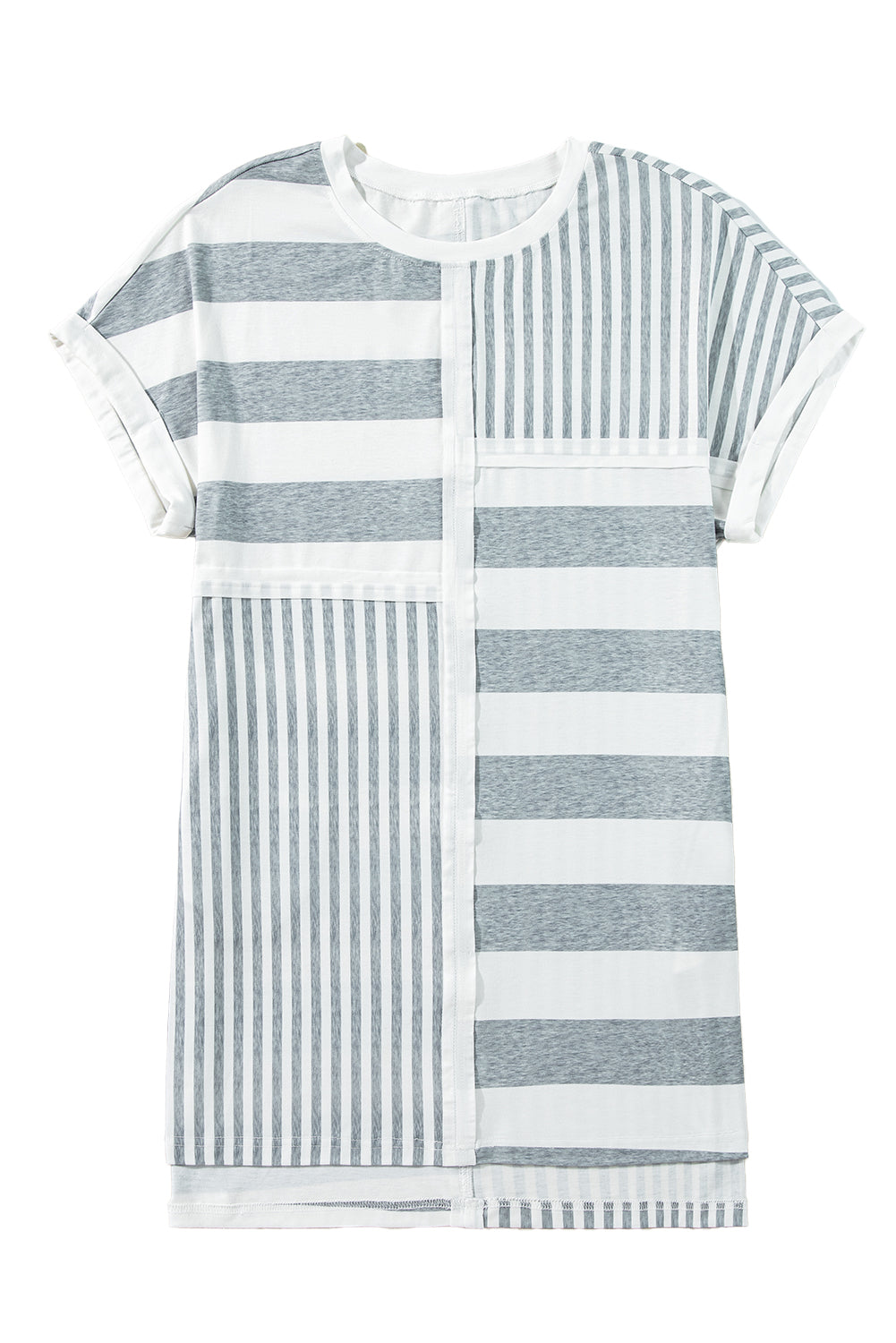 Gray Stripe Mixed Printed Short Sleeve Shift Mini T Shirt Dress - The Fair Lady Shop