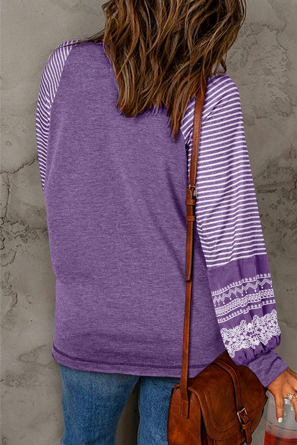 Tillandsia Purple Contrast Print Striped Raglan Long Sleeve Loose Top