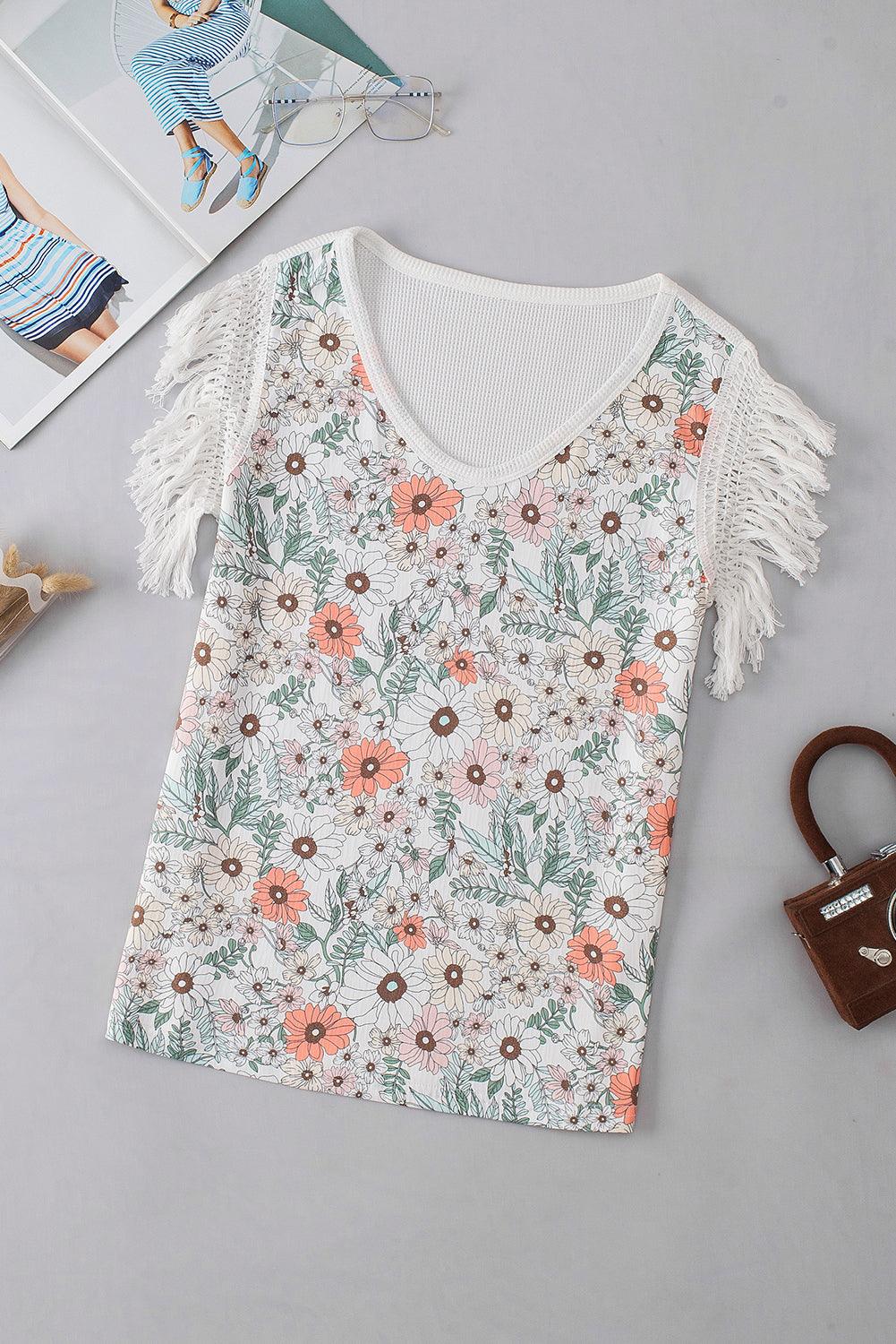 White Boho Floral Print Fringe Shoulder Sleeveless Shirt - The Fair Lady Shop