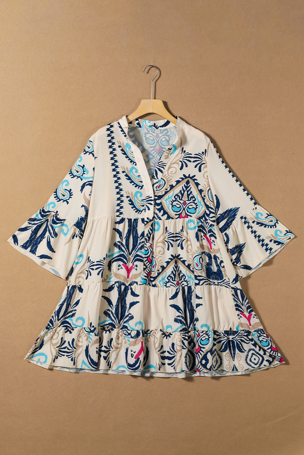 White Ethnic Print Boho Button Tiered Mini Dress - The Fair Lady Shop