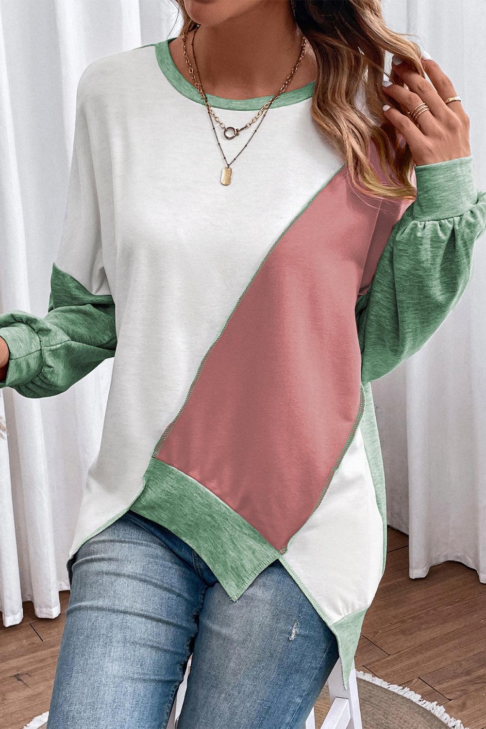 Pink Colorblock Stitching Irregular Hem Long Sleeve Top - The Fair Lady Shop