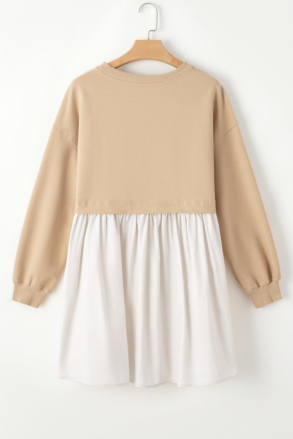 Khaki Sweatshirt Colorblock Flowy Pleated Mini Dress - The Fair Lady Shop
