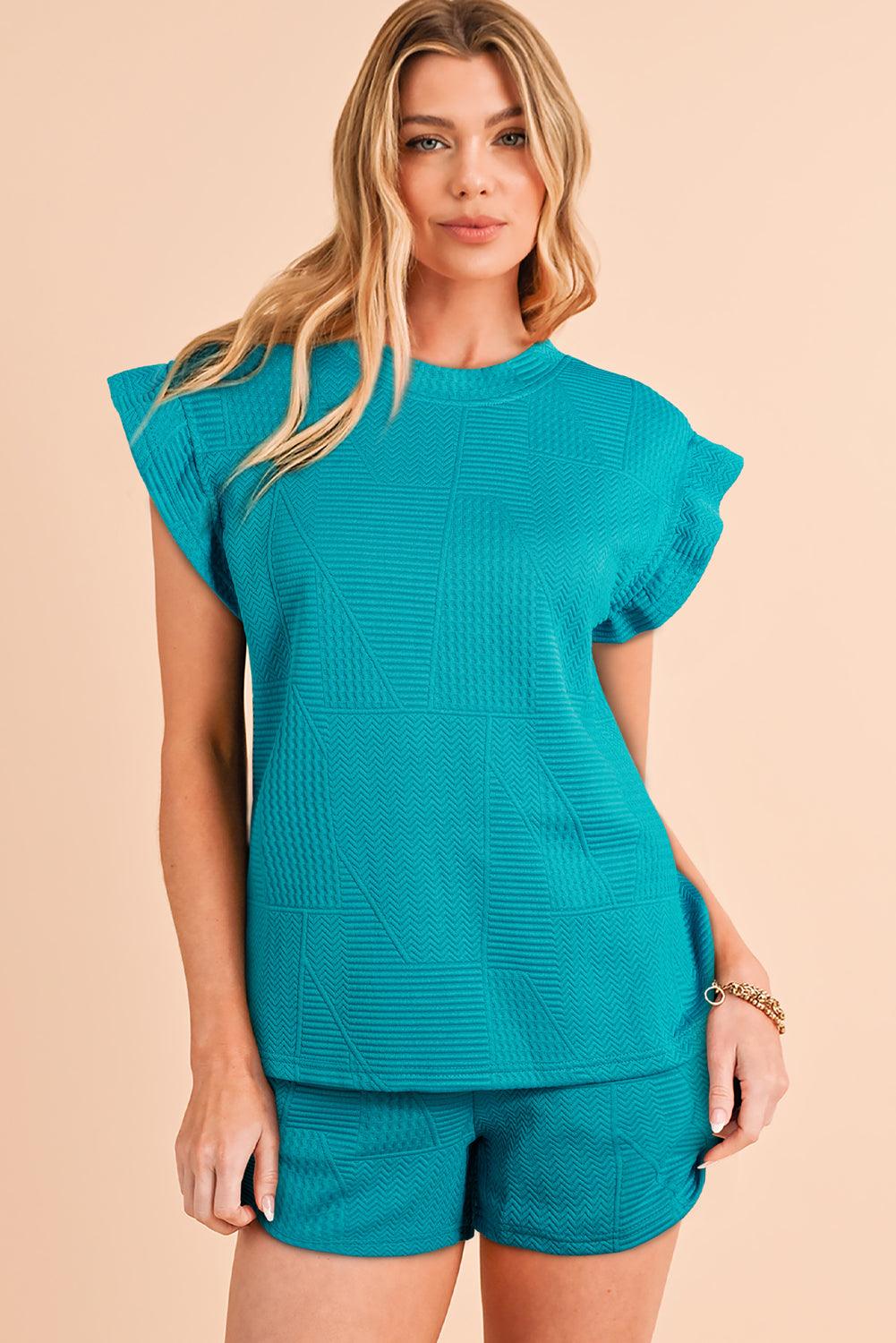 Dark Green Textured Ruffle Split Top and Drawstring Shorts Set - The Fair Lady Shop