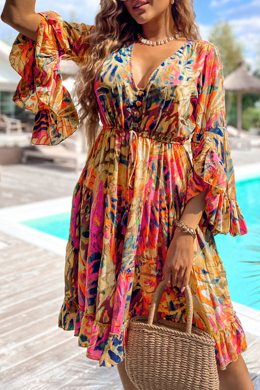 Pink Tropical Print Flared Sleeve Ruffle Hem High Waist Flowy Dress - The Fair Lady Shop