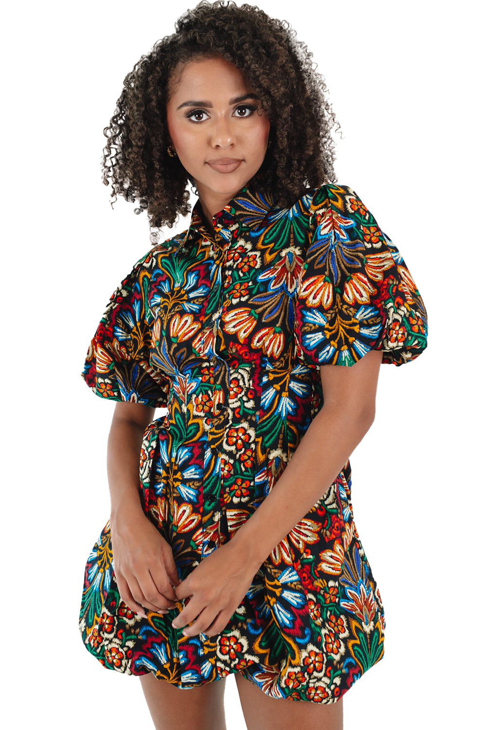 Multicolour Bohemian Floral Bubble Sleeve Dress - The Fair Lady Shop