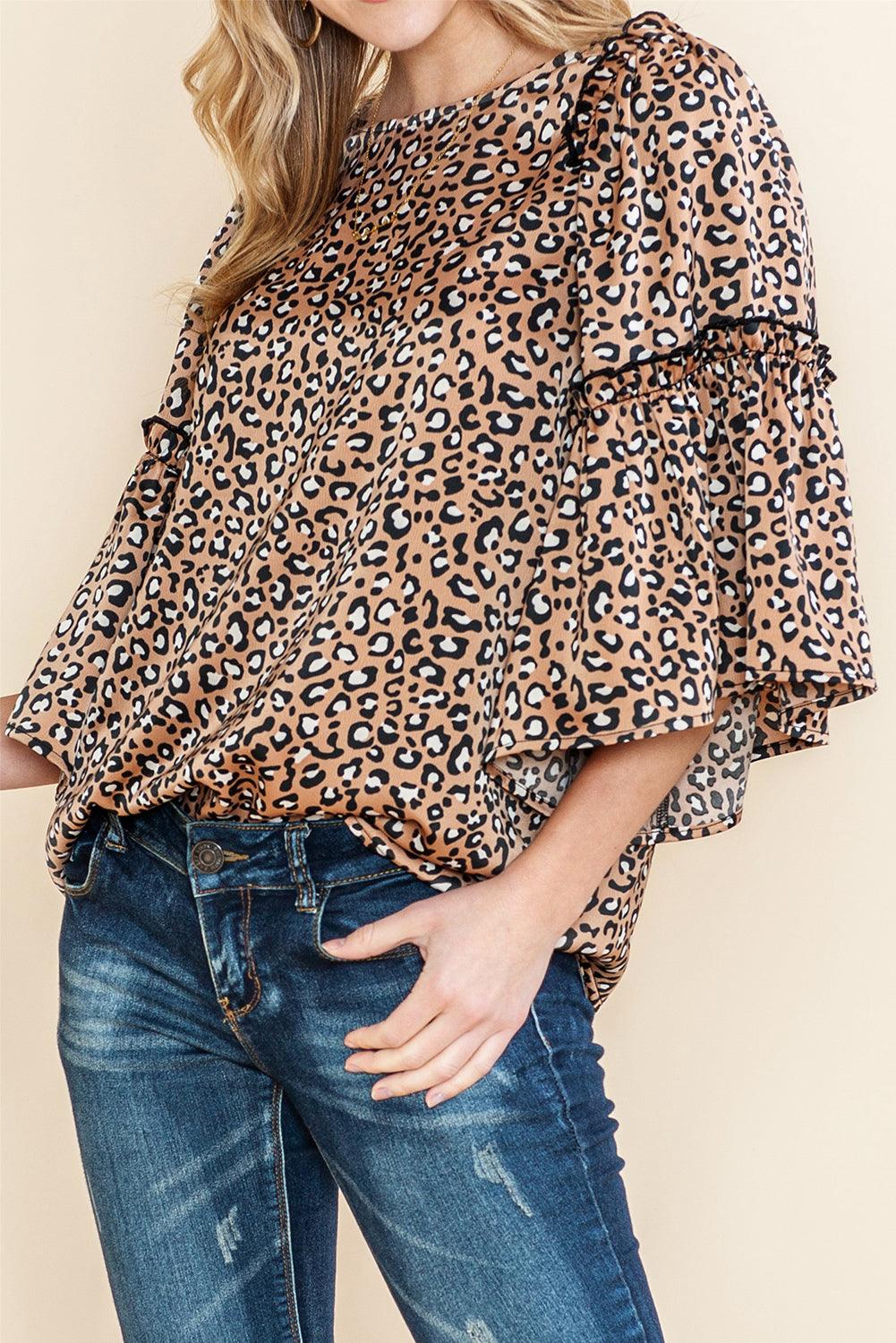 Chestnut Leopard Ruffle Flounce Sleeve Blouse - The Fair Lady Shop