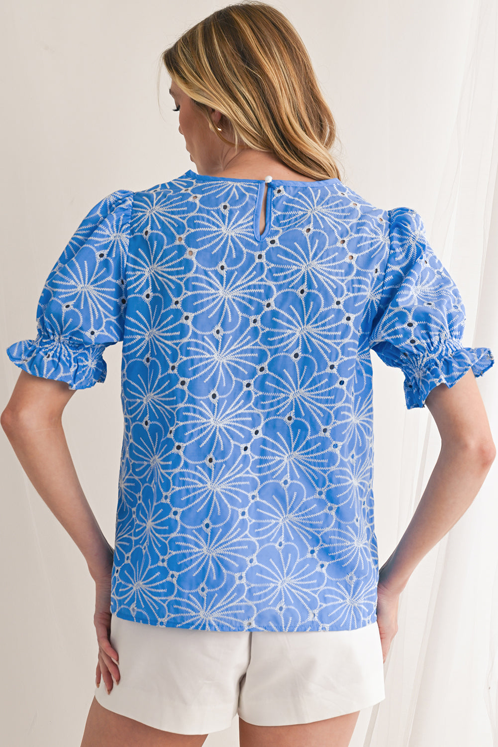 Sky Blue Boho Floral Eyelet Puff Sleeve Blouse - The Fair Lady Shop