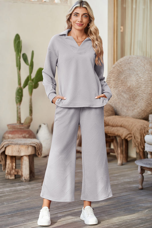 Light Grey Solid Textured Collared V Neck Top and Wide Leg Pants Set - The Fair Lady Shop