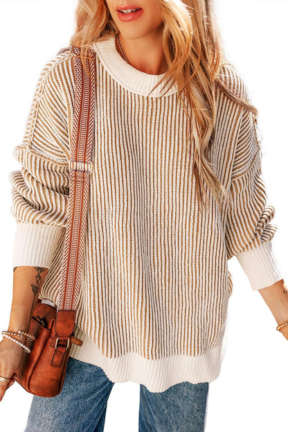 Chestnut Striped Contrast Trim Loose Sweater - The Fair Lady Shop