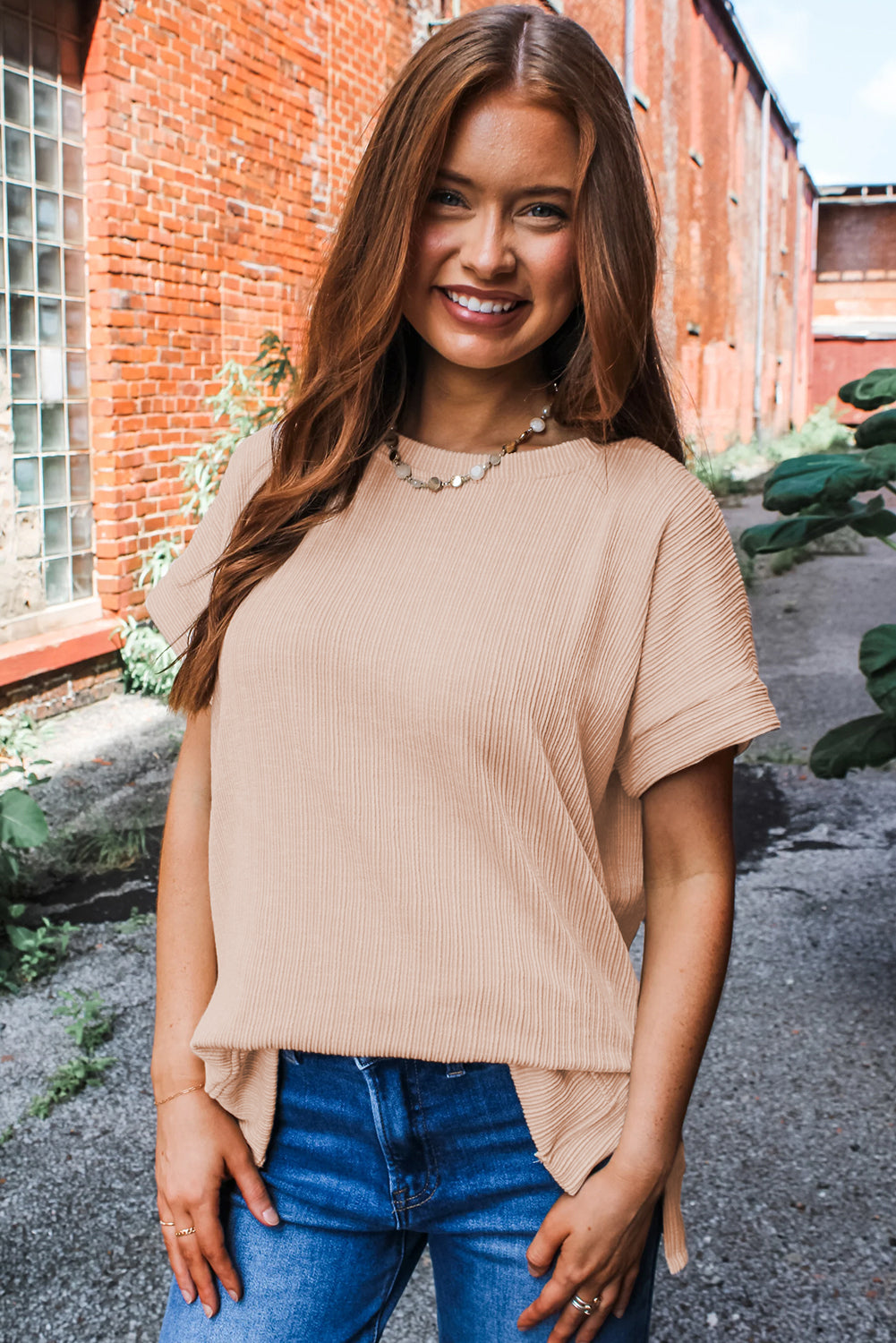 Jet Stream Textured Side Slits Short Sleeve Top - The Fair Lady Shop