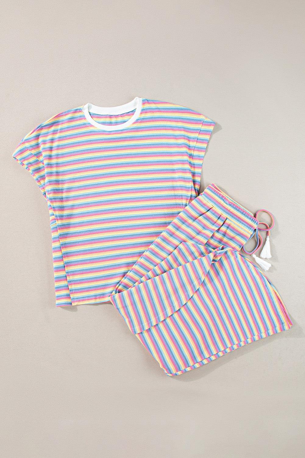 Yellow Stripe Rainbow Tee and Tassel Drawstring Wide Leg Pants Set - The Fair Lady Shop