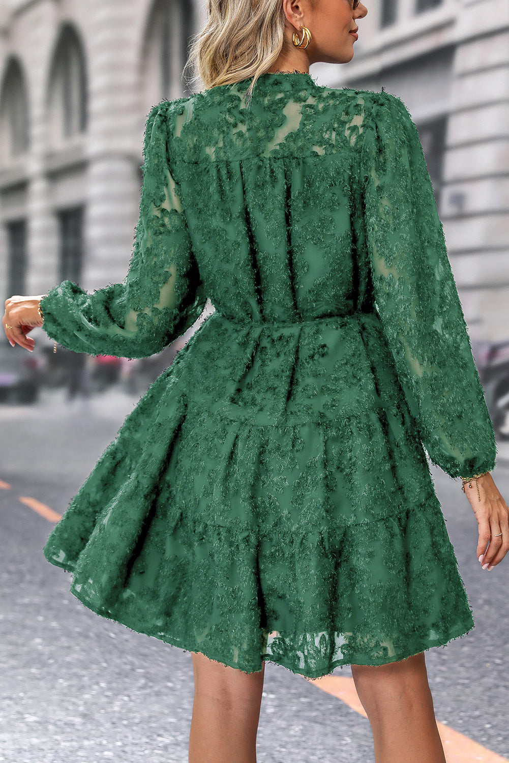 Dark Green Jacquard Long Sleeve Dress - The Fair Lady Shop