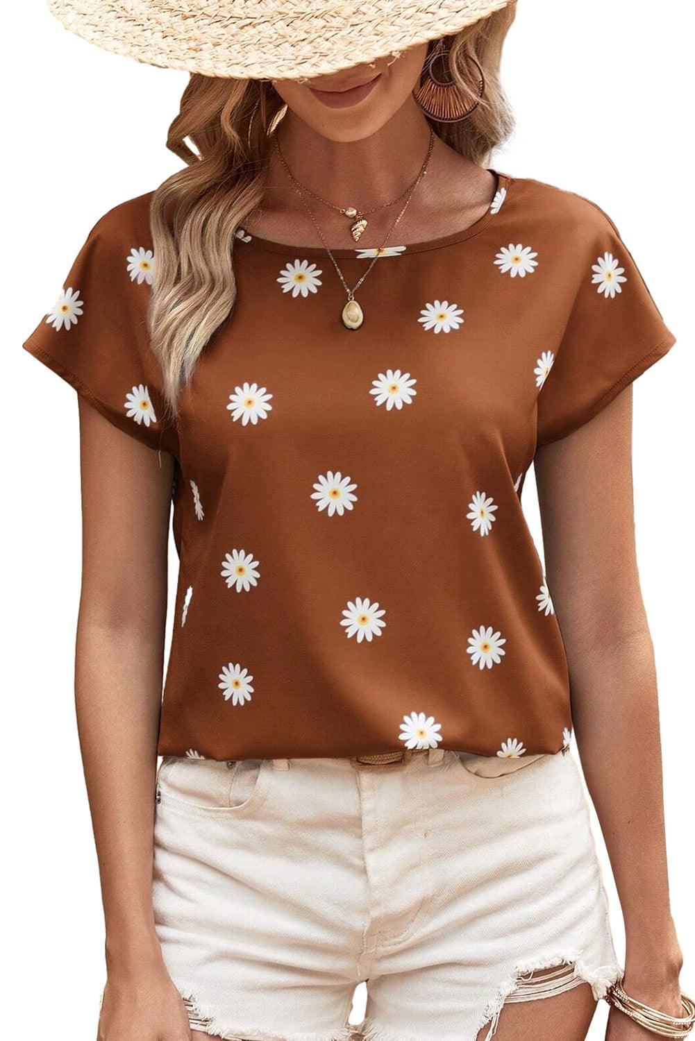 Chestnut Summer Daisy Print Batwing Sleeve Blouse - The Fair Lady Shop