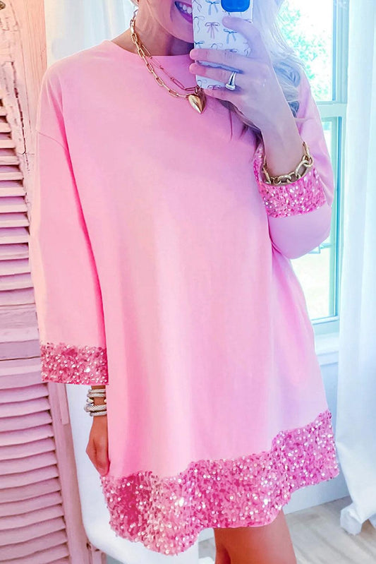 Bonbon Drop Sleeve Sequin Trim T-Shirt Dress - The Fair Lady Shop