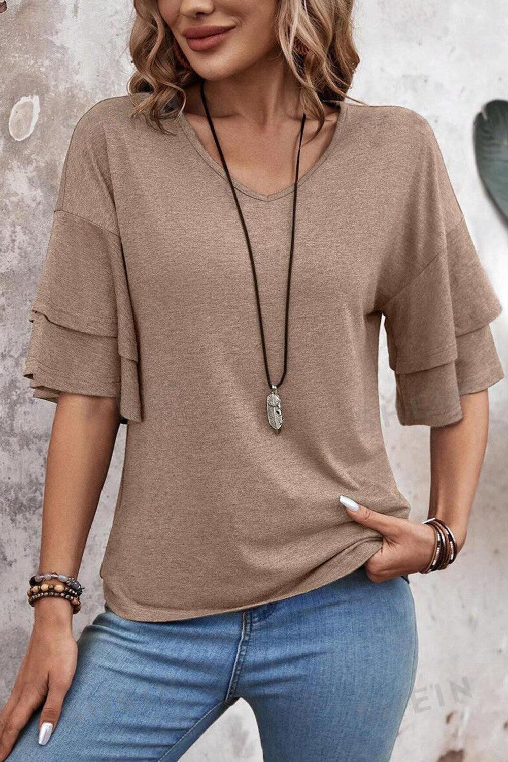 Dune Solid Color V Neck Double Layer Sleeve Loose T-Shirt - The Fair Lady Shop