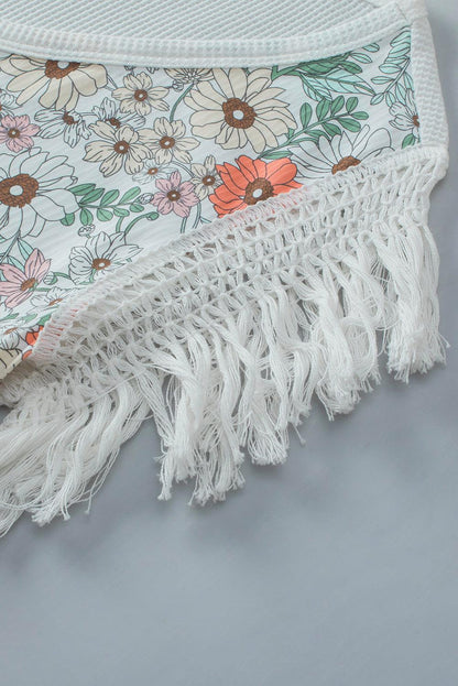 White Boho Floral Print Fringe Shoulder Sleeveless Shirt - The Fair Lady Shop