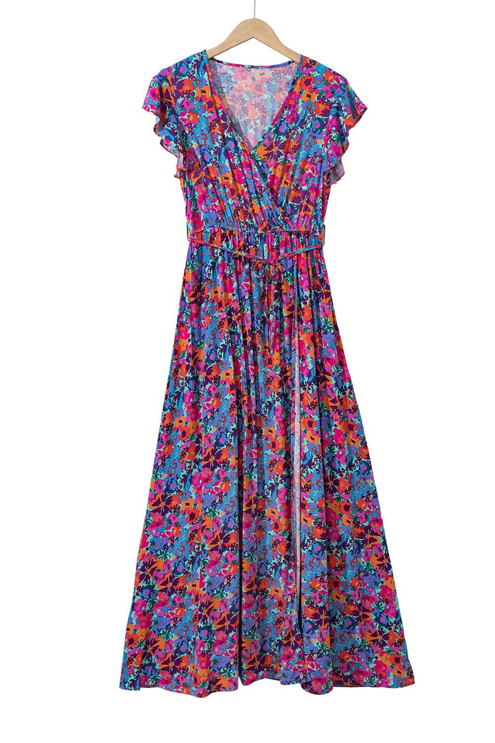Blue Boho Floral Print V Neck Wrap Split Maxi Dress - The Fair Lady Shop