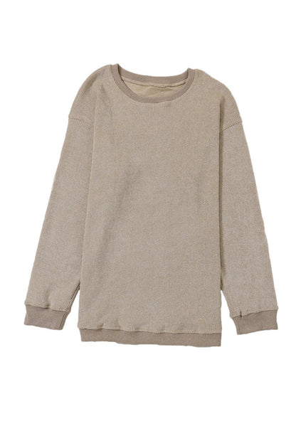 Khaki Solid Ribbed Round Neck Pullover Sweatshirt - The Fair Lady Shop