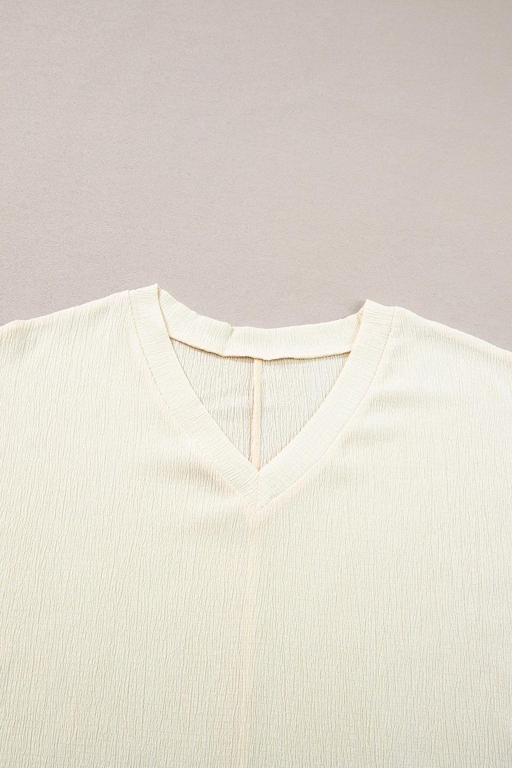 Blue Plain Crinkled V Neck Flounce Sleeve T Shirt - The Fair Lady Shop