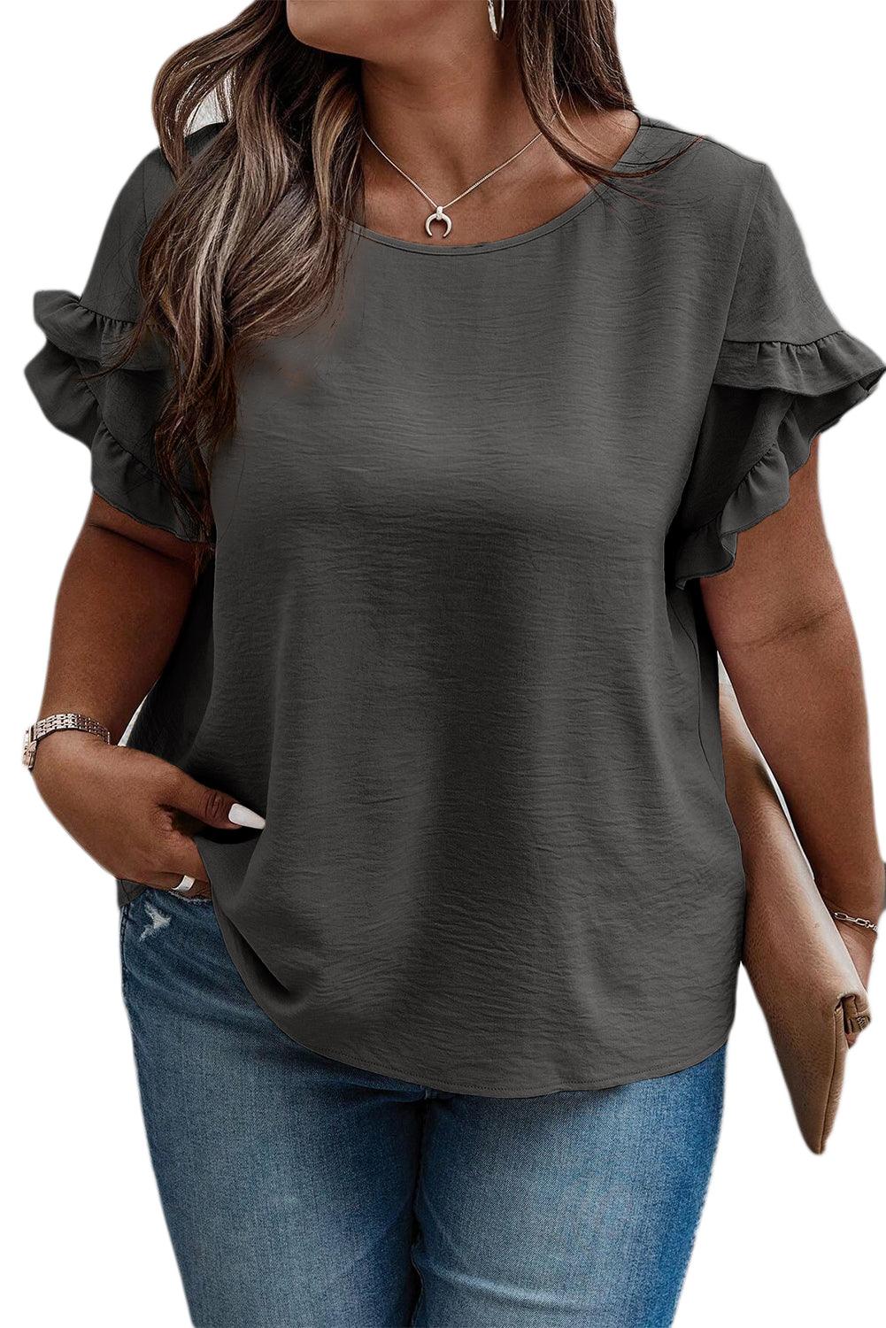 Light French Beige Ruffled Short Sleeve Plus Size Top - The Fair Lady Shop