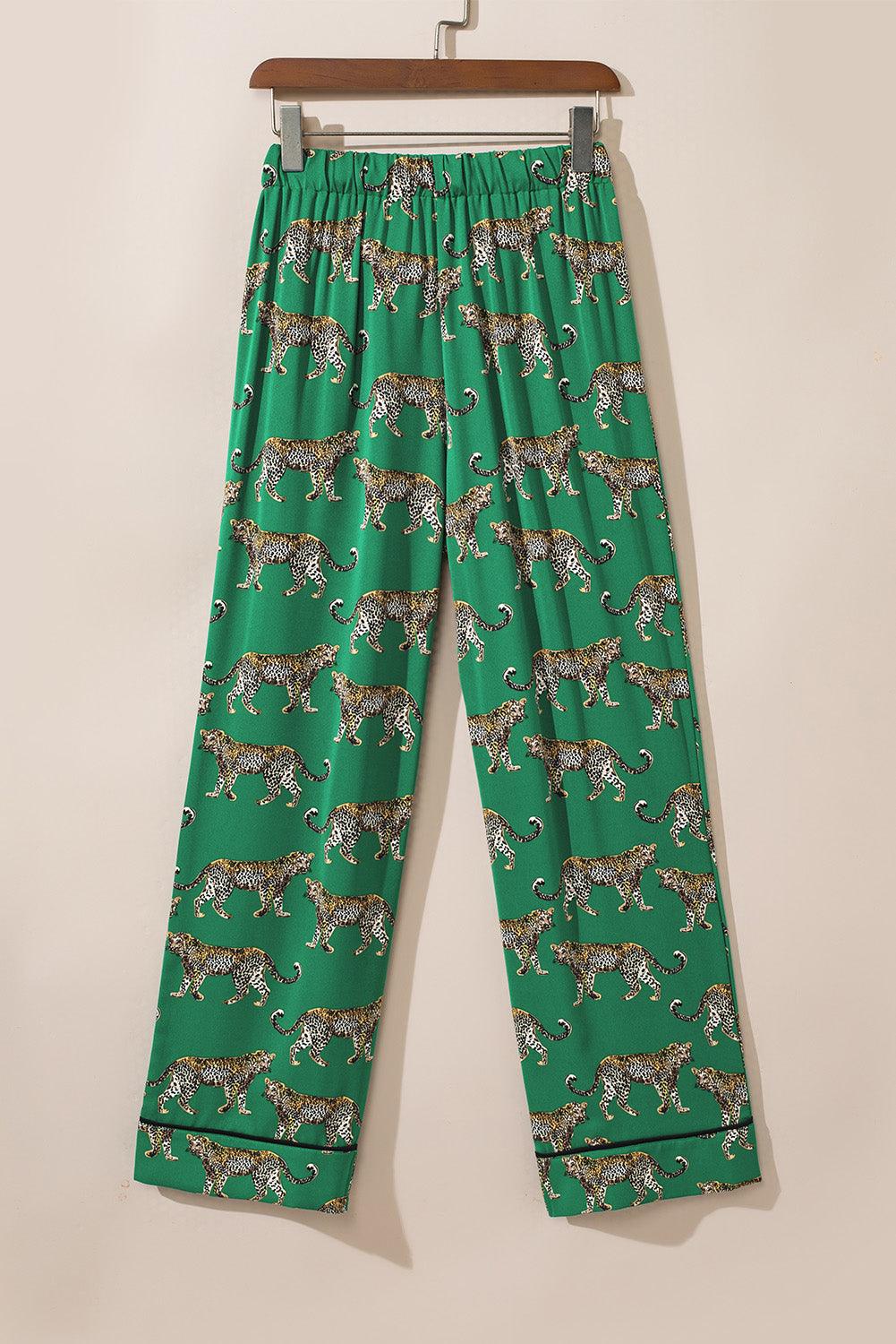 Green Cheetah Print Short Sleeve Shirt and Pants Pajama Set - The Fair Lady Shop