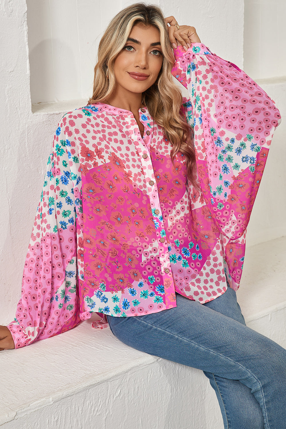 Rose Red Floral Print Dolman Sleeve Blouse - The Fair Lady Shop