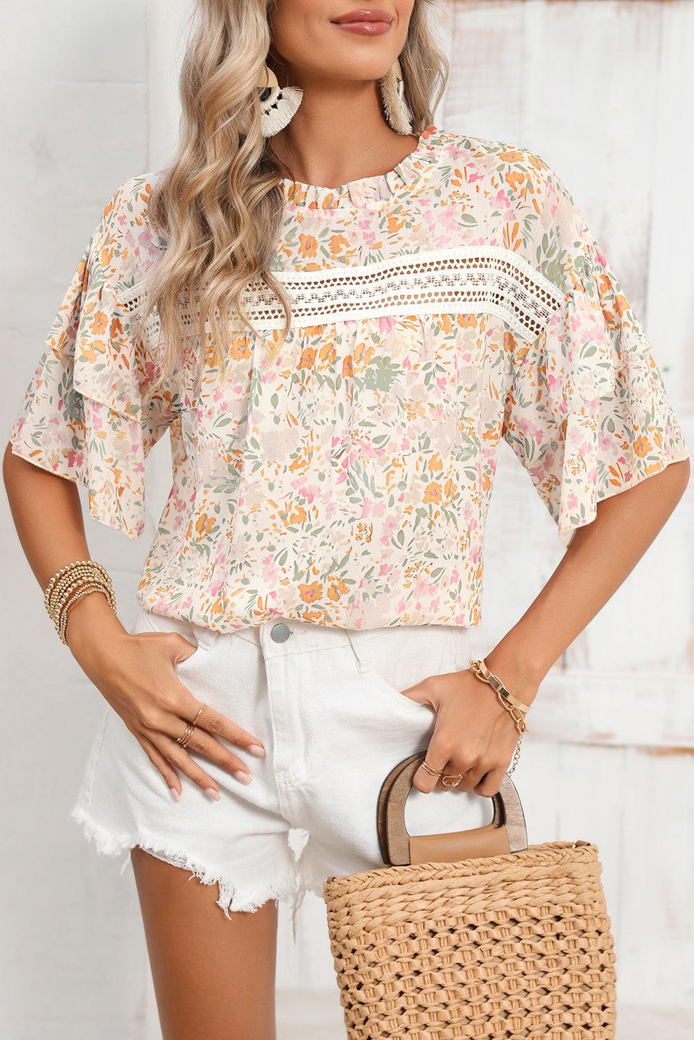 Multicolor Floral Print Wide Batwing Sleeves Blouse - The Fair Lady Shop