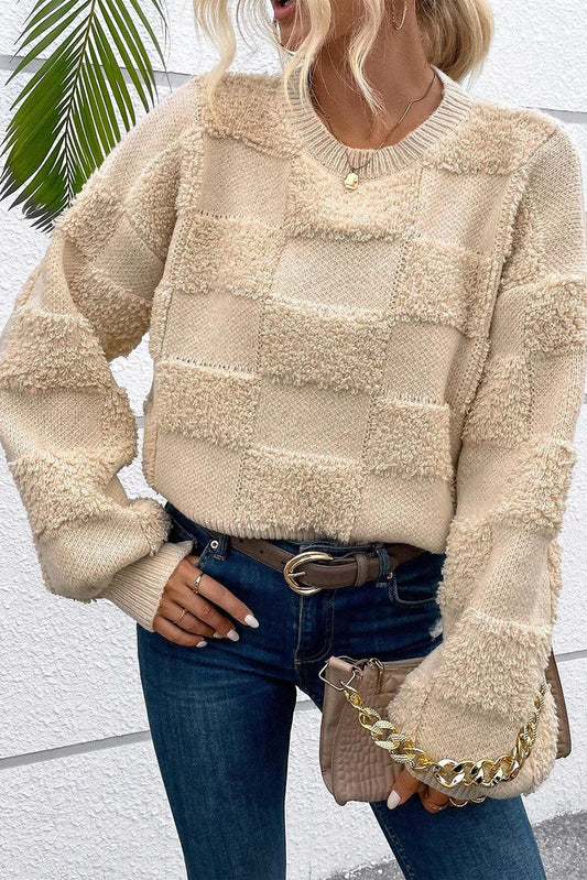 Parchment Checkered Sherpa Crew Neck Loose Sweater - The Fair Lady Shop