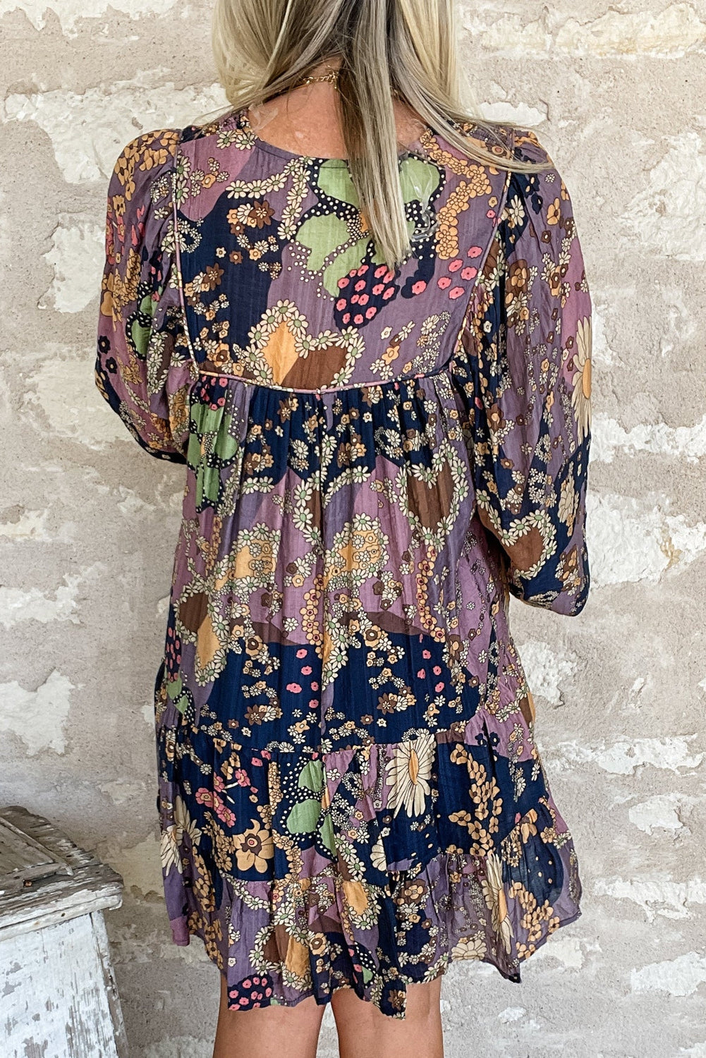 Purple Boho Floral Print Puff Sleeve Flowy Mini Dress - The Fair Lady Shop