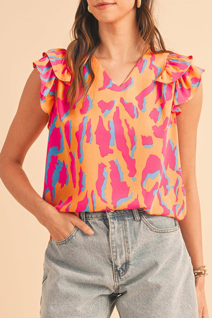 Orange Abstract Print V Neck Ruffled Sleeve Blouse - The Fair Lady Shop