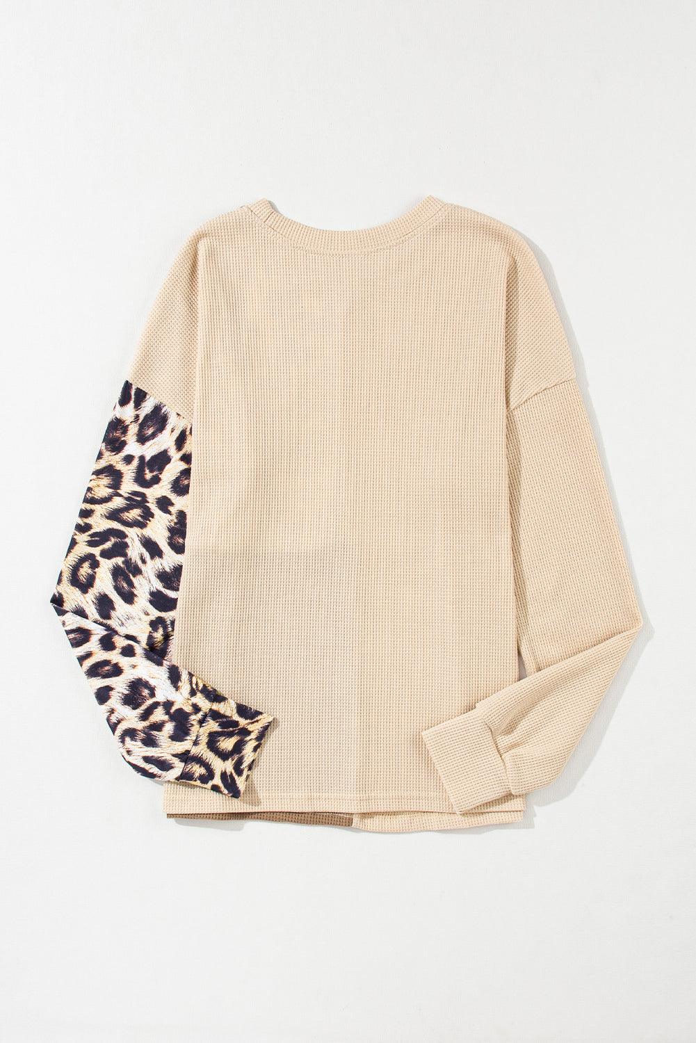 Bonbon Casual Waffle Knit Leopard Contrast Long Sleeve Top - The Fair Lady Shop