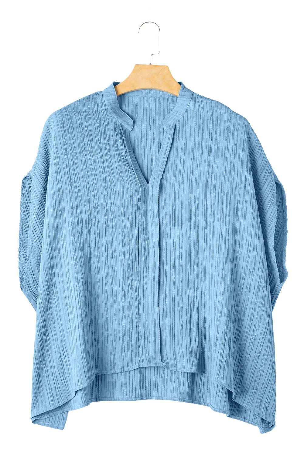 Dusk Blue V Neck Crinkle Dolman Blouse - The Fair Lady Shop