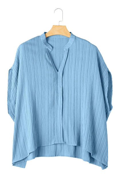 Dusk Blue V Neck Crinkle Dolman Blouse - The Fair Lady Shop